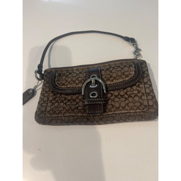 Coach Signature Brown Wristlet Clutch Purse With Leather Trim & Silver Buckle Ac - Picture 3 of 7